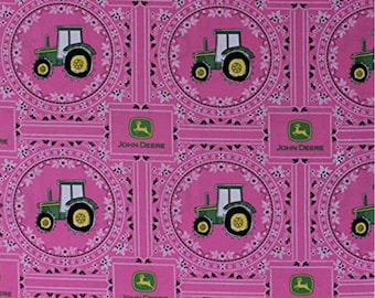 Farm Fabric: John Deere Bandana Tractor Tractors Pink Flowers 100% cotton Fabric by the yard (SC1108)