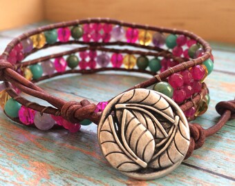 Beaded leather wrap bracelet, double wrap bracelet, boho wrap, bohemian bracelet, button closure, stone beads, glass beads