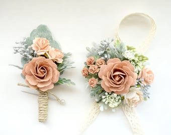 Dusty Rose Boutonniere and Corsage, Blush Wedding, Prom Corsage and Boutonniere Set, Rose Wrist Corsage, Rose Boutonniere
