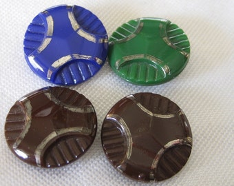 Set of 4 VINTAGE Glass Silver Trim BUTTONS