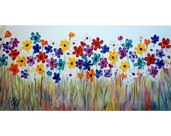 Original Flowers 72" Painting Oil on Large Canvas Colorful Daisy Art by Luiza Vizoli