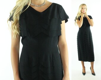 Vintage 50s Wiggle Dress Short Sleeve LBD Little Black Dress 1950s XL Plus SizePinup Rockabilly Holiday Party Fashion