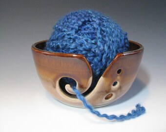 Knitting Bowl Yarn Bowl Ceramic Pottery in Brown Amber and Beige