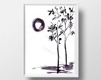Sun And Trees Painting Black White Sumi E Minimalist Ink Drawing Print Simple Nature Wall Sun And Trees Painting Black White Sumi E Minimalist Ink Drawing Print Simple Nature Wall