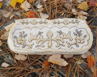 Vintage White Beaded Clutch Purse Handbag