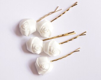 Bridal Hair Accessories, White Rose, White flower Hair Bobby Pin- set 5