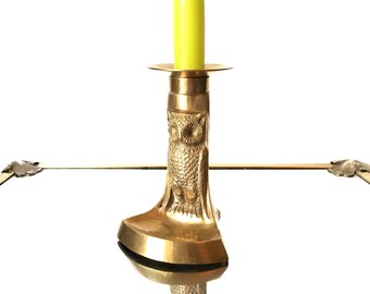 Vintage Brass Owl Two Piece Candle Holder With Ledge and Handle - Brass India Candlestick Holder Owl