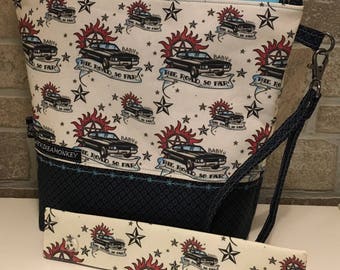 Supernatural inspired project zipper pouch with flat bottom and knitting needle cozy