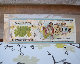 SQUAW Vintage Maryland Sifted Peas Tin Can Label, Indian, ** Original Label*