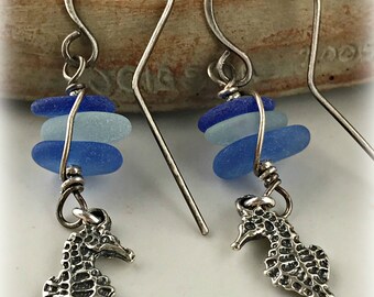 Sea Glass, Cornflower Blue, Seahorse Charms, Sterling Silver Earrings