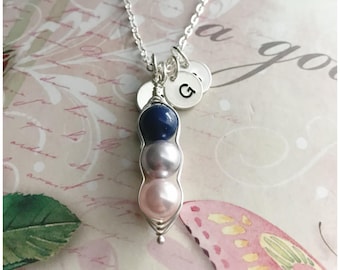 Personalized 3 Peas in a Pod Necklace - Wire Wrapped Sterling Silver Pea Pod Necklace - Custom Three Pea Pod Silver Necklace with Initial