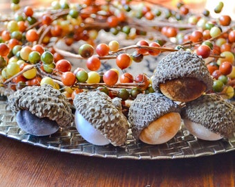 Silk Velvet Acorns in Various Colors, Real Acorn Caps, Set of 5 Large, Thanksgiving, Fall Decor, Table Centerpiece, Real Acorn Caps