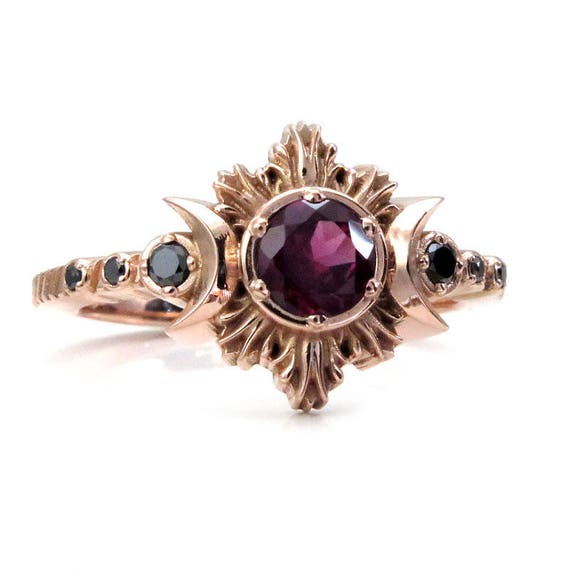 Rhodolite Garnet Moon Fire Gothic Engagement Ring with Black Diamonds