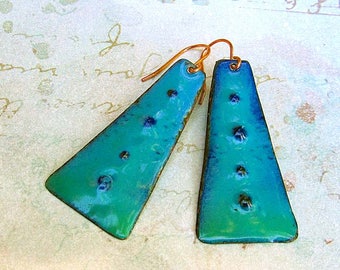 Boho style turquoise earrings, Trapezoid dangle drop, Enamel Bohemian Jewelry