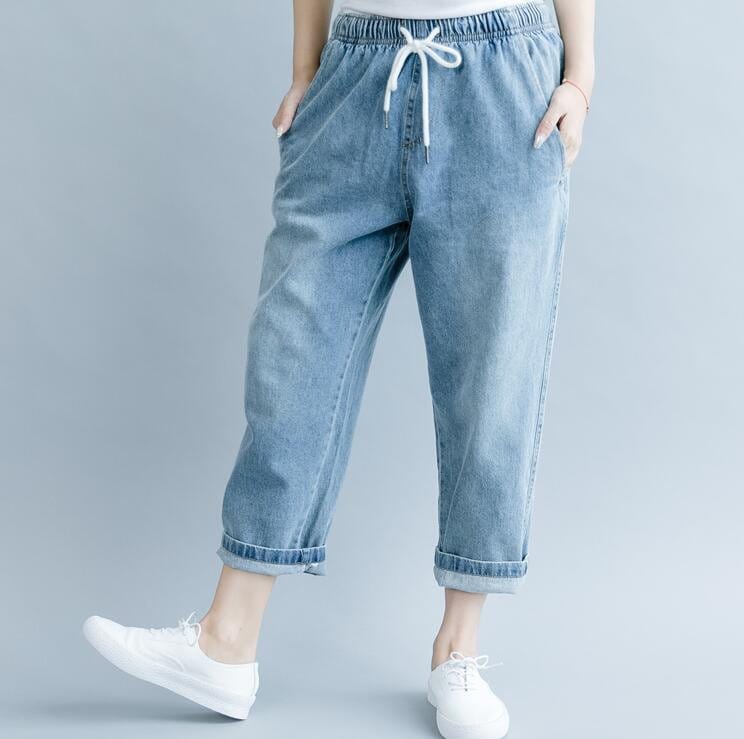 Women Harem pants light blue jeans elastic waist pants