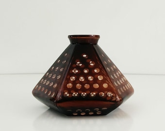 Vintage Glass Lamp Shade / Hexagonal Brown Polka dot Light Globe