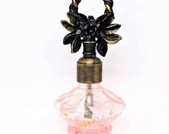 Pink Cut Glass Perfume Bottle, Metal Floral Ornate Stopper, Vanity Decor, Perfume Bottle, Vanity Perfume Bottle