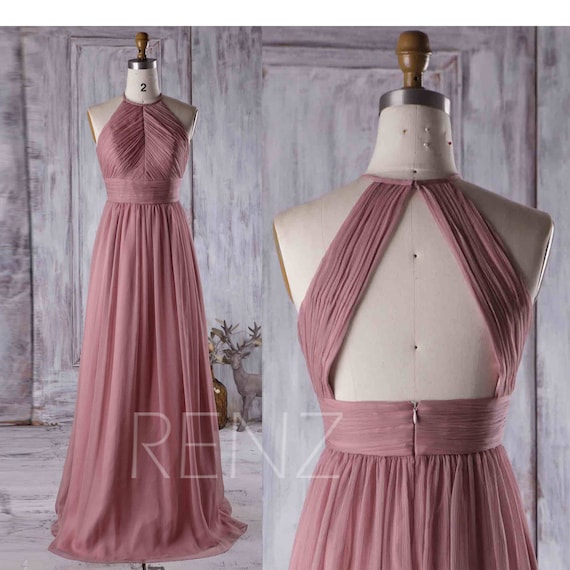  Dusty  Rose  Bridesmaid  Dress  Ruched Chiffon High Neck Wedding 