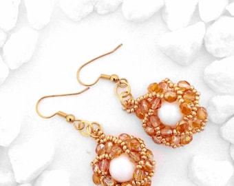 Gold and White Glass Crystal Beaded Spiral Earring Set