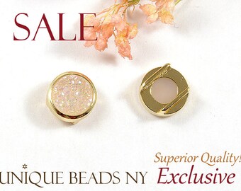 CLEARANCE! White AB Druzy Charm, Round Slide Pendant, Choker Pendant, 14K Gold Plating, Tarnish Resist Pendant, Retail - 1 Pc/ order
