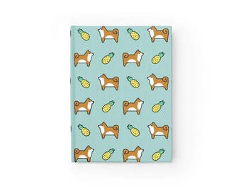 Pineapple Shiba Inu Journal, Teal Dog Hardcover Notebook, Diary, Memory Book, Travel Journal