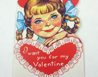 Vintage Children's Valentine Greeting Card with Pretty Girl in Braids Pigtails Freckles