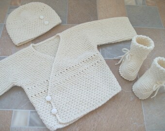 baby boy outfit ivory sweater, hat and socks, baptism sweater, cardigan, boy sweater coming home outfit, knitted clothes newborn, babyshower