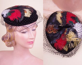 Vtg Late 50s Velvet Feather & Veil Hat // Netting Classic Hat Bow Velvet