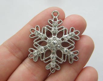 2 Rhinestone snowflake charms silver tone CT131
