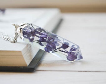 Real lilacs crystal point necklace, real flower necklace, botanical necklace, boho necklace