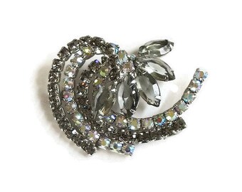 Smoke Cut Glass & Rhinestone Brooch with Aurora Borealis Vintage Spray