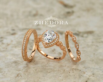 Pear Shape Engagement Ring Set Art Deco & Channel Set Bands Rose Gold Plated Pear Cut Bridal Set Pear Shape Wedding Set Halo Pear Shape Ring