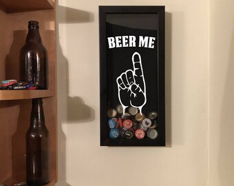 Bottle Cap Holder Shadow Box - Beer Me Another Design - Black (6" x 14") - Vinyl Decal Gifts, Home Bar Accessories