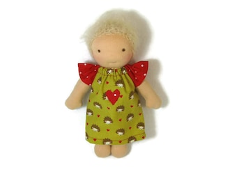 7 inch, 8 inch Waldorf Doll Dress, hedgehog print and red polka dots doll dress, doll clothing, tiny doll dress, optional bloomers