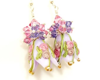 Purple Earrings, Tulip Earrings, Floral Earrings, Lampwork Earrings, Flower Earrings, Glass Bead Earrings, Glass Earrings, Cluster Earrings