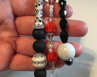 3 Stack-able Bracelets- Black and Roses Set