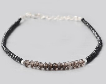 Black Spinel & Smoky Quartz Beads Layering Bracelet with 925 Sterling Silver Findings - Birthstone bracelet Gift for her- Dainty Bracelet
