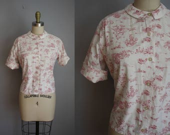1950s Blouse // Red Toile Print // Medium