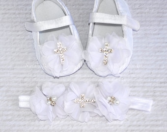 Baptism Girl shoes and Headband SET Christening baby girl crib shoes White girl shoe Crystal baby shoes Baptism baby girl shoes