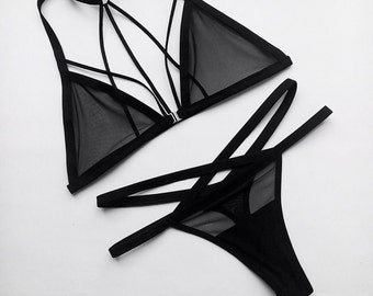 set MAGNIFIQUE - sexy mesh lingerie set, black mesh lingerie, handmade lingerie, strappy panties, see throught lingerie