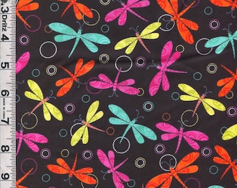 Fabric Benartex Girls Rock collection Bright colored dragonflies dragonfly tossed on black