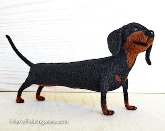 Handfelted Dachshund dog, Sausage dog soft toy, Dachshund interior Home decor Handmade gift, black, brown. Made To Order