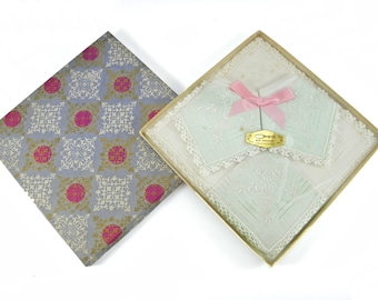 Vintage 1950's Gift Boxed Orem Linen Handstitched Hankerchiefs with Lace Trim