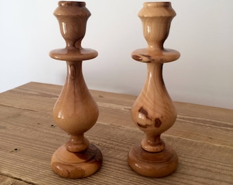 Pair of Vintage Turned Wood Candleholders