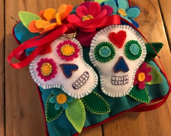 Day of the Dead Dia de los Muertos Ring Bearer Pillow Felt Turquoise