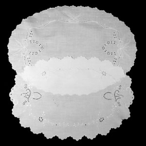 2 large OVAL MADEIRA DOILIES or centerpieces / crisp white linens with hand embroidered whitework / Beautiful needlework / table toppers