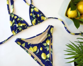 Women's lemon print high leg bikini 90's style bathing suit