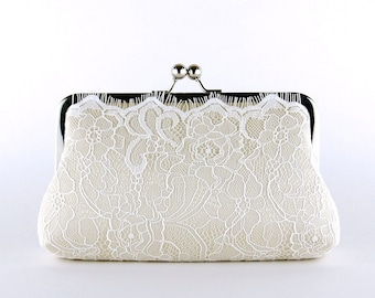 Champagne Lace Bridal Clutch, Silk Clutch, Bridesmaid Gift, Wedding clutch