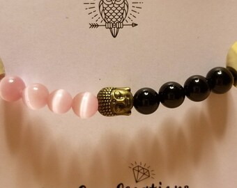 Black Onyx and Pink Cats Eye Buddha Diffuser Bracelet