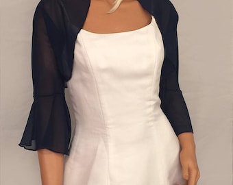 Chiffon bolero jacket 3/4 bell sleeve shrug wedding wrap bridal sheer cover up CBA216 AVL IN navy blue and 6 other colors. Small - Plus size